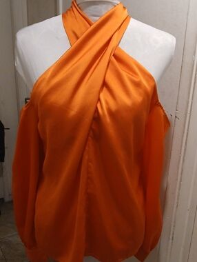 Satin Halter Cold-Shoulder Blouse in Vibrant Orange